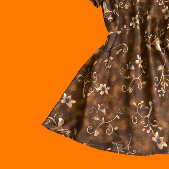 90's vintage brown earthy abstract floral chiffon short sleeve mini dress LARGE - Picture 4 of 7